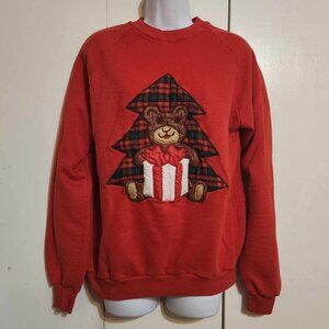 Vintage 80's XL JR Morgan Designs Red Quilted Teddy Bear Ugly Xmas Sweatshirt